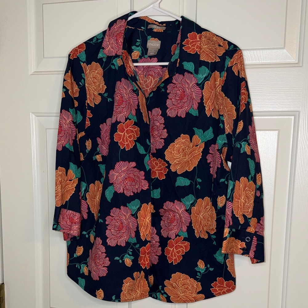 Chico's Navy Button-Down Top with Orange and Pink Floral Print